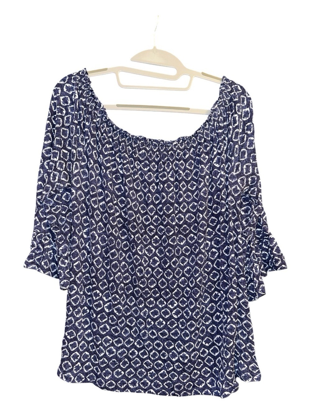 MICHAEL Michael Kors Navy Off-Shoulder Geometric Print Peasant 3/4 Sleeve Top - Picture 5 of 9